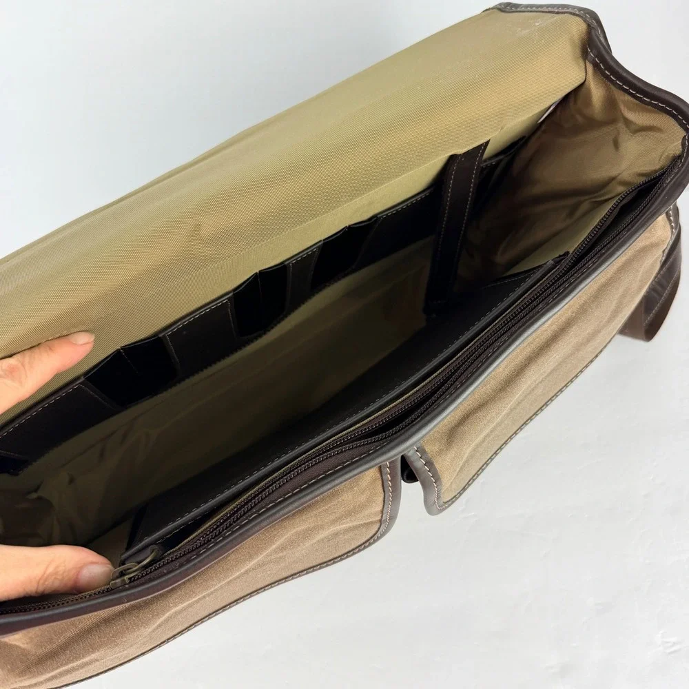 VTG Allen Edmonds Waxed Canvas Leather Trim Messenger Bag Briefcase Brown Brass